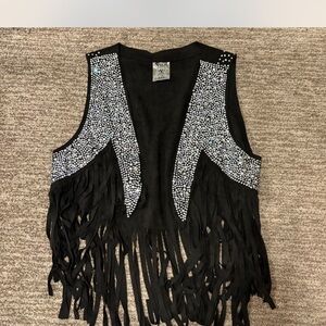Vocal Black Fringe Vest with Rhinestone Details